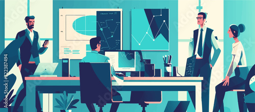 Vision. A leader presents his vision and motivates colleagues. Progress. Vector illustration