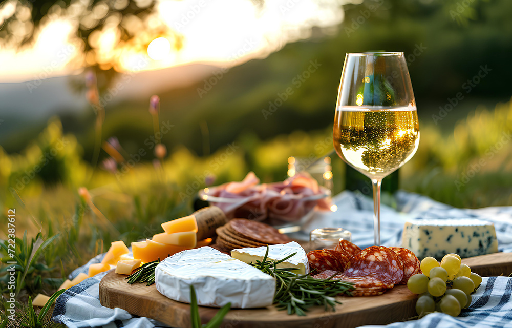 Picnic with white wine served outside with cheese and charcuteri
