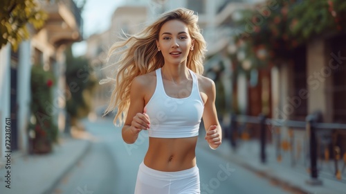 A beautiful curvy girl in a white fitness suit runs down the street