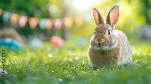 A beautiful fluffy Easter bunny hides colorful eggs in the green grass and lo...
