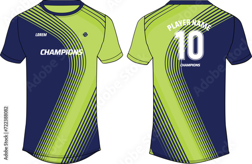 Sports jersey t shirt design flat sketch illustration, Stripe abstract printed Round neck football jersey concept with front and back view for Cricket, soccer, Volleyball and badminton uniform kit