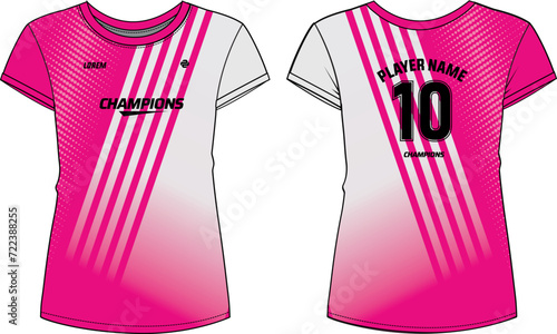 Women Sport Jersey t-shirt design flat sketch Illustration, stripe halftone pattern Round neck t shirt for girl and Ladies Volleyball jersey, Football, badminton, Soccer and netball, Sport uniform kit