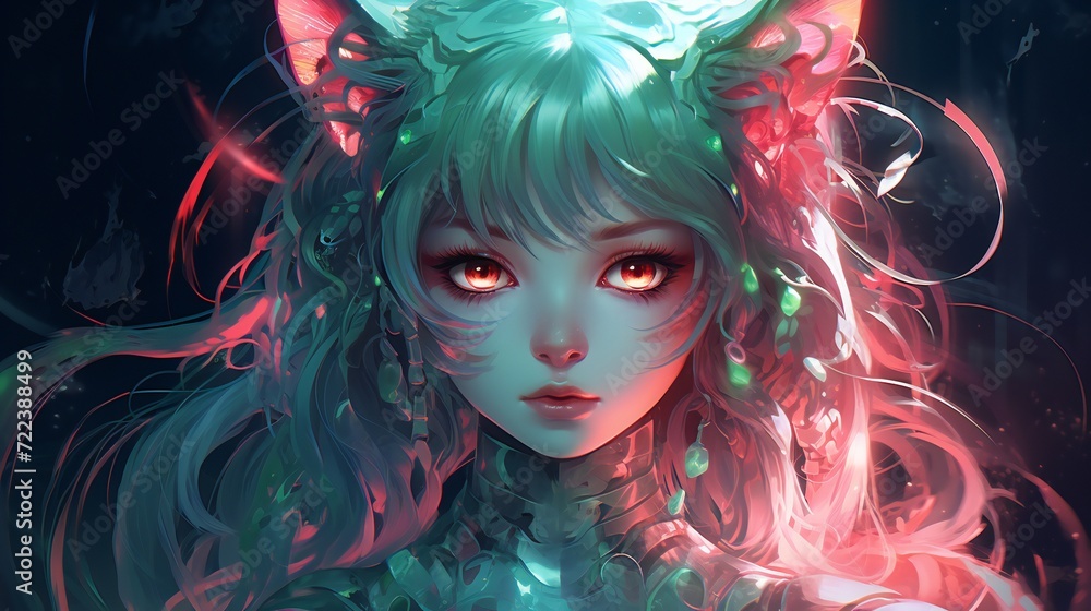 Anime girl with fantasy neon cat head