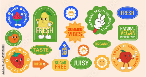Fruit retro funky cartoon stickers. Comic character of cherry strawberry banana watermelon, slogan, quotes and other elements. Groovy summer vector illustration. Fruits berries juicy sticker pack