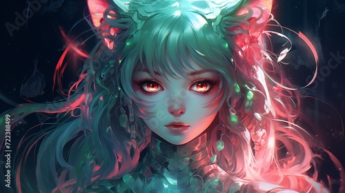 Anime girl with fantasy neon cat head