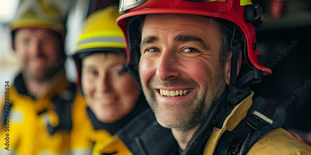 Naklejka premium Confident firefighters smiling in gear, portrait of heroes, everyday bravery captured. a moment of pride and teamwork. AI