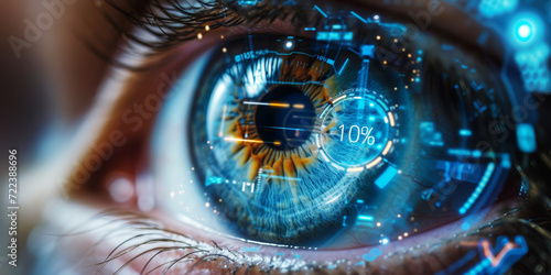 Futuristic Vision Concept with Digital Eye Interface.
Close-up of a human eye with digital graphics overlay indicating tech progress. #722388696