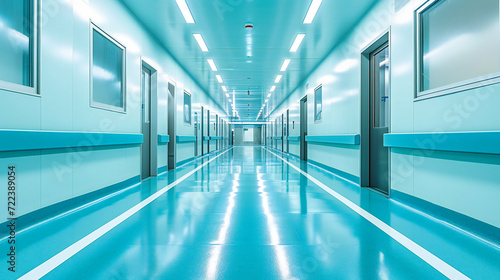 Corridor in Hospital  Health Clinic  Hall and Empty Medicine  Modern Interior  Medical Background  Blue Hallway  Indoor and Nobody  Inside Door  Care and Emergency  Perspective Light