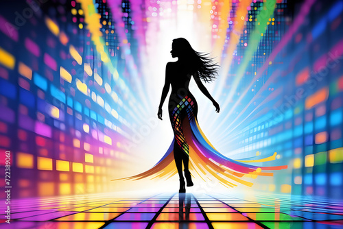 Woman digital silhouette dancing on disco stage. illuminated by cascading colorful binary code.