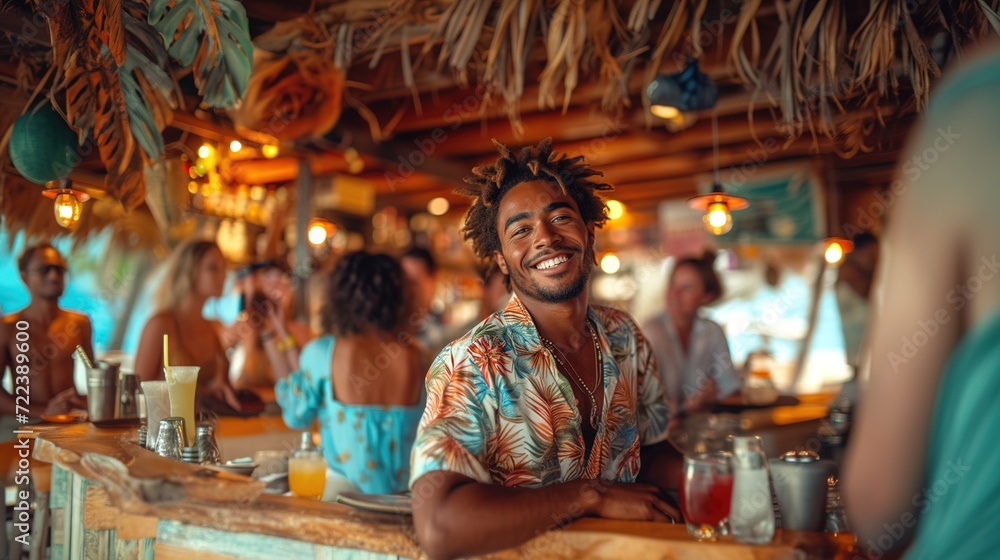 A young man with a dark afro hairstyle, wearing a Hawaiian shirt is partying at a beach bar