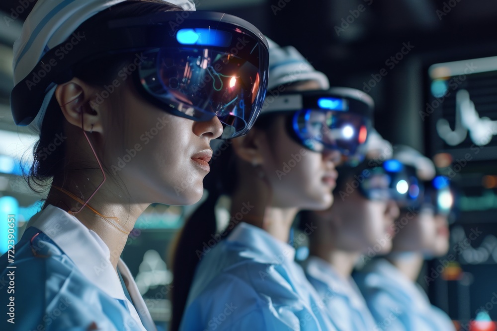 Medical team using virtual reality headsets for training. Healthcare education concept. Futuristic medicine, VR technology. Science and research. Design for banner, poster, advertising Medical team using virtual reality headsets for training. Healthcare education concept. Futuristic medicine, VR technology. Science and research. Design for banner, poster, advertising