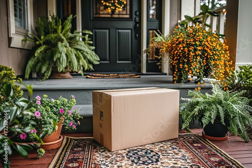 Cardboard package delivered near front door   online shopping delivery service concept photo