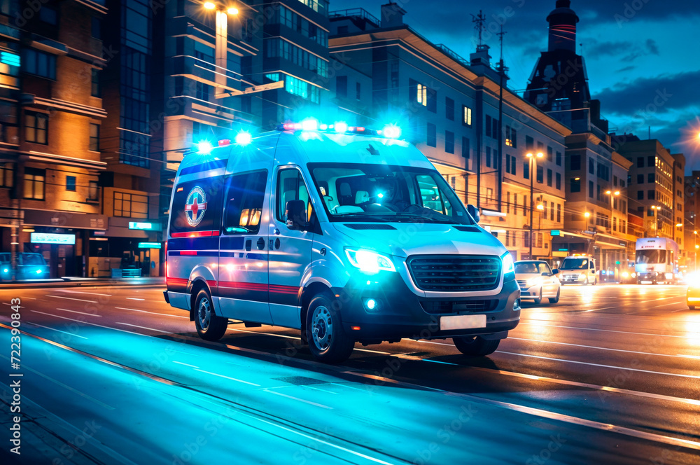 Fototapeta premium Ambulance in motion at night with blurred city lights. Emergency medical services and medicine concept. Design for banner, advertising