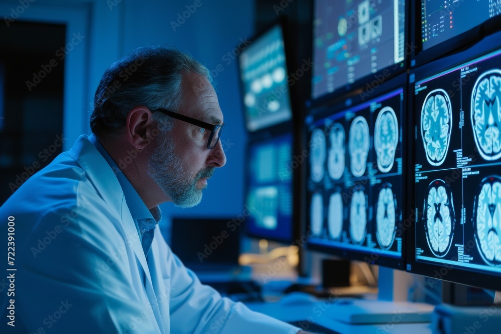 Radiologist doctor analyzing brain scans on computer monitors. Futuristic medicine concept. Science and research. Design for banner, poster