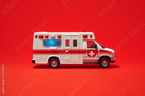 Toy ambulance on a red background. Emergency services and healthcare concept. Minimalistic composition with copy space. Design for banner  poster