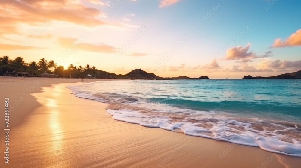 Fototapeta premium Relaxing Caribbean Sunset with Vintage Car on Antigua Beach