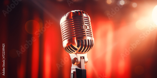 Concept bannner card for party, event with mic karaoke. Stylish old retro microphone on colored background with bokeh