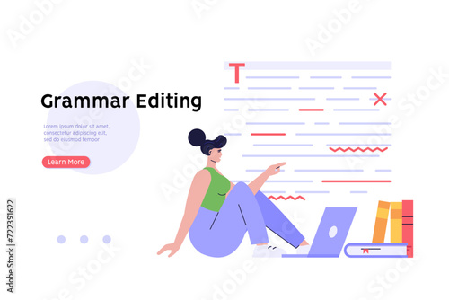 Editing document with text. Correcting grammar mistake with red marker. Teacher fix page text errors. Concept of proofread script, grammar edit, correcting mistake. Vector flat cartoon illustration