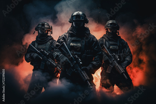 Trio of special forces operatives poised and ready, set against dramatic fiery backdrop