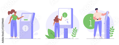 Using self-service with info. Users touch screen self service terminal. Set of informational checkout service, info panel. People pushing on interactive information terminal. Vector illustration