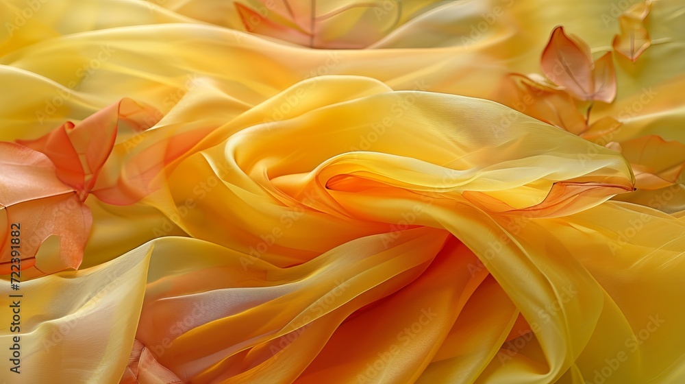Vibrant abstract background with yellow and red tones, leaves, and silk fabric waves
