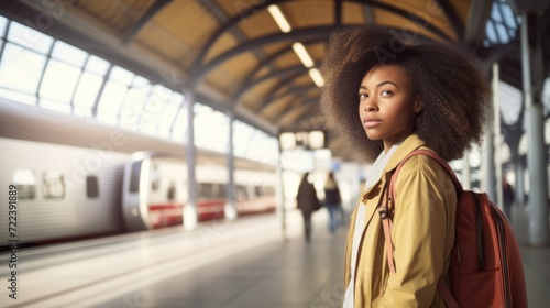 Traveling African-American Woman with Luggage Waiting for Train at Station - AI Generated Stock Image