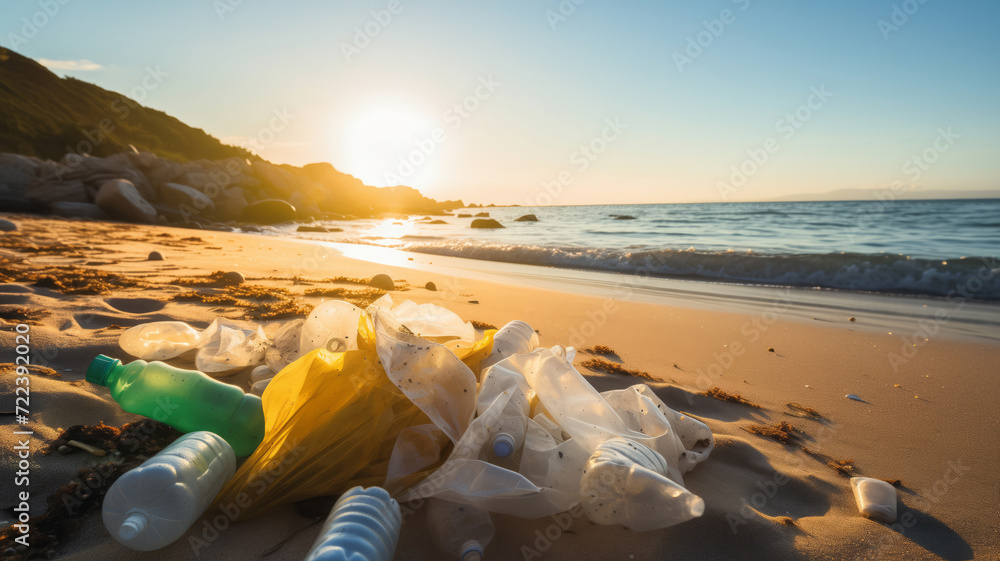 Trash scattered on beach during sunset, highlighting. Concept environment problem plastic pollution in Asia. Trash scattered on beach during sunset, highlighting. Concept environment problem plastic pollution in Asia.