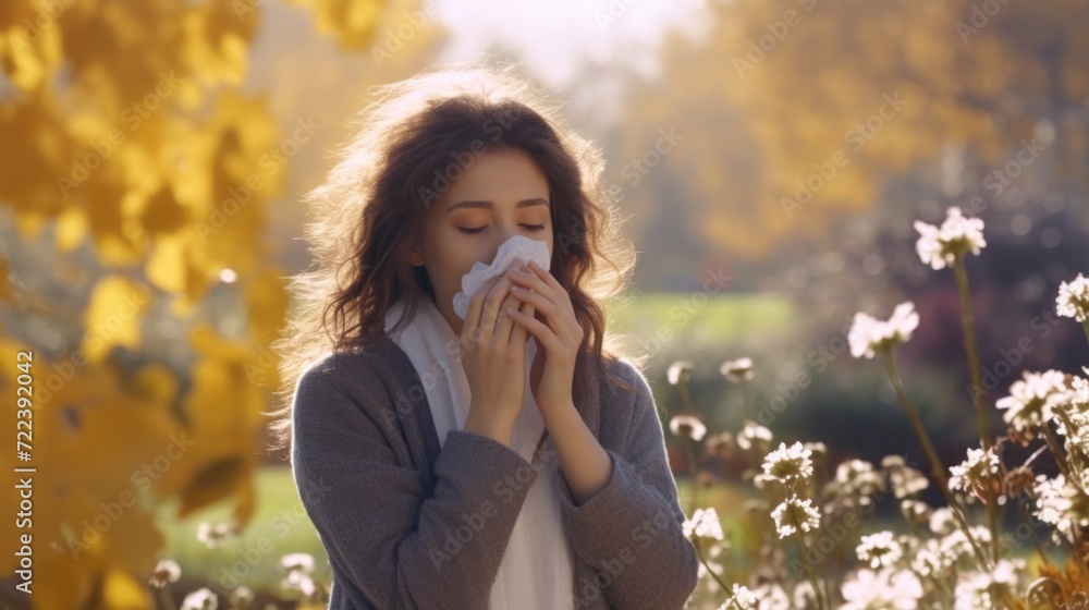 Woman Sneezing and Blowing Nose in Park Due to Cold and Flu Woman Sneezing and Blowing Nose in Park Due to Cold and Flu