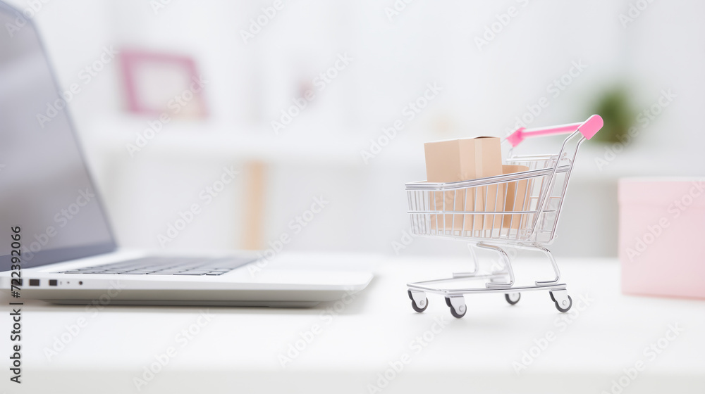 Concept banner online shopping E-commerce. Mini Tiny cart with boxes beside laptop with blur background