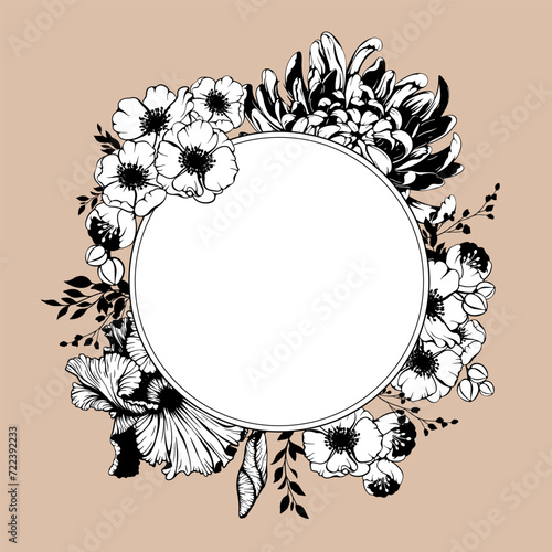 Iris, anemone, chrysanthemum flower round shape wreath. Vector spring, summer flowers and leaves bouquet border.