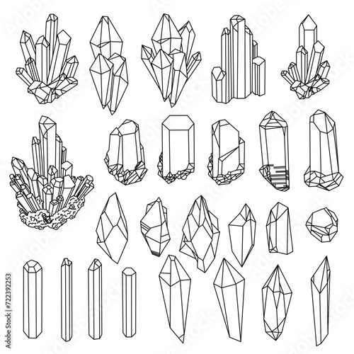 Set of geometric black outline crystals Vector illustration isolated on white background. Alternative medicine, magic, crystal healing, astrology
