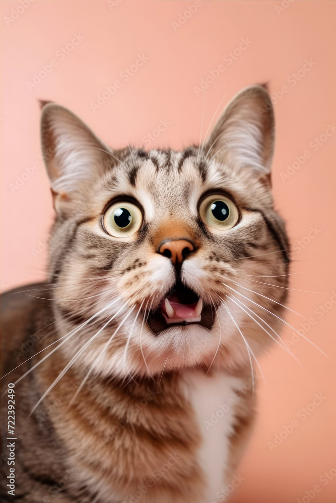 Funny surprised cat isolated on bright background. Studio portrait of a cat with amazed face. Funny surprised cat isolated on bright background. Studio portrait of a cat with amazed face.