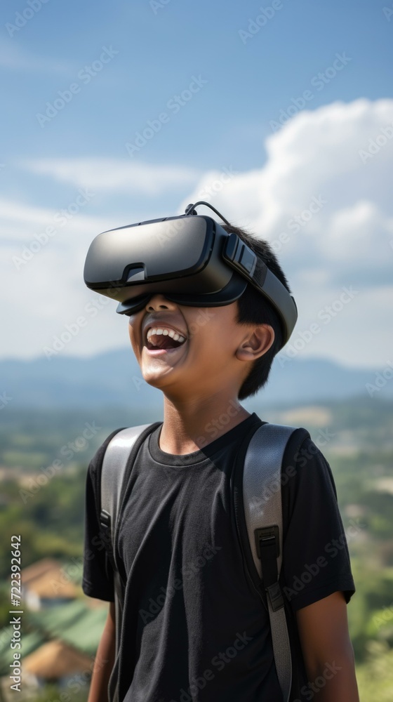 A 12-year-old boy wearing a VR headset, immersed in a virtual reality experience. Generative AI.
