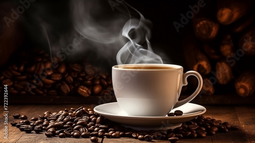 Banner steaming cup of coffee with scattered roasted beans, evoking warmth and aroma with copy space