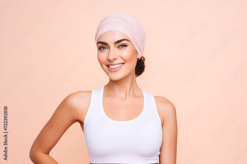 Muslim Iran Confident young woman with stylish headscarf and radiant smile against peach backdrop. Muslim Iran Confident young woman with stylish headscarf and radiant smile against peach backdrop.