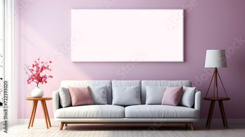 Mockup Poster Frame in Modern minimal living room with a sleek light grey couch and a pink accent wall  Mockup