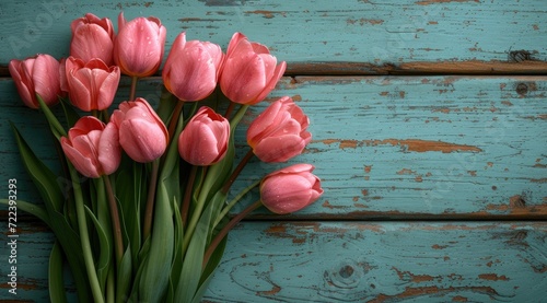 a bouquet of pink tulips on a sea green board, in the style of dark red and azure, vintage, decorative backgrounds, matte background, texture-rich canvases, flickr photo