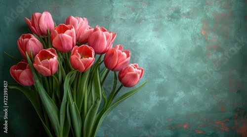 a bouquet of pink tulips on a sea green board, in the style of dark red and azure, vintage, decorative backgrounds, matte background, texture-rich canvases, flickr, distressed materials 