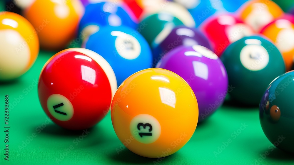 Colorful billiard balls arranged on a table in a pool hall or bar, ready for an exciting game. Colorful billiard balls arranged on a table in a pool hall or bar, ready for an exciting game.