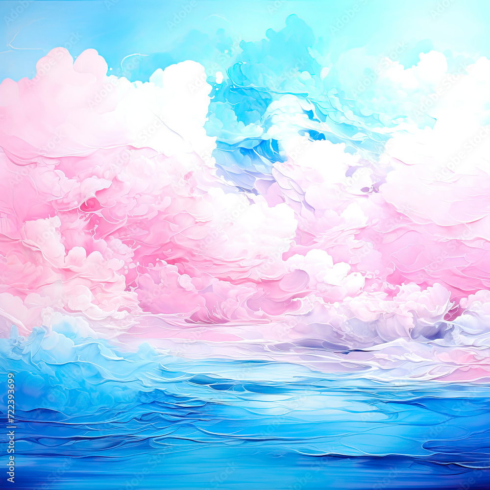 Abstract watercolor background with clouds in peach fuzz and blue colors