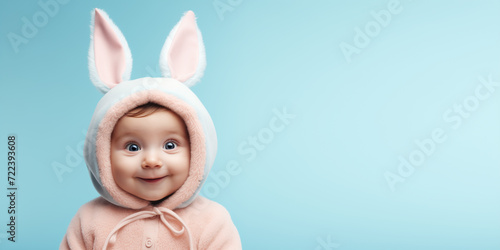 Surprised and joyful baby in soft warm clothes of peach tones with raised bunny ears on a light blue background. Holiday banner for Easter or advertising a big sales promotion