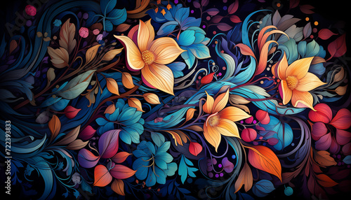 Dark floral background wallpaper design with multicolor flowers and leaves