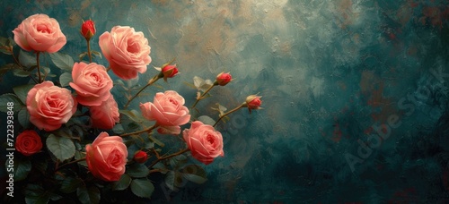 a bunch of bouquet of pink roses on a dark background, in the style of dark turquoise and red, shaped canvas, texture-rich, wimmelbilder, traditional  photo