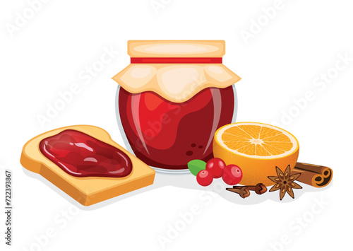 Toasted bread with christmas jam vector illustration. Toast and christmas jam with cranberries, cinnamon, orange and spices vector. Jam jar and slice of bread icon isolated on a white background