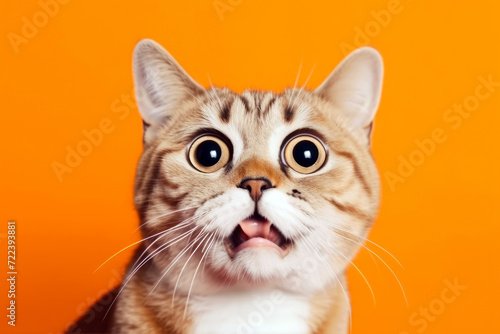 Funny surprised cat isolated on bright orange background. Studio portrait of a cat with amazed face. photo