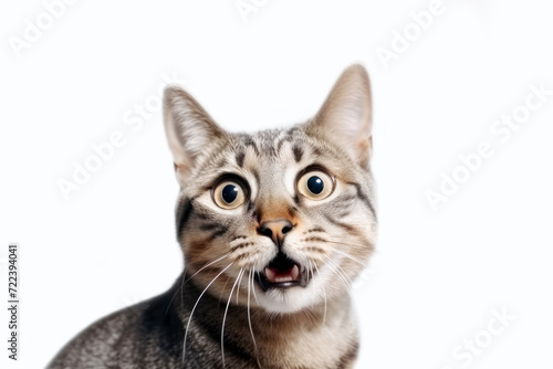 Funny surprised cat isolated on white background. Studio portrait of a cat with amazed face.
