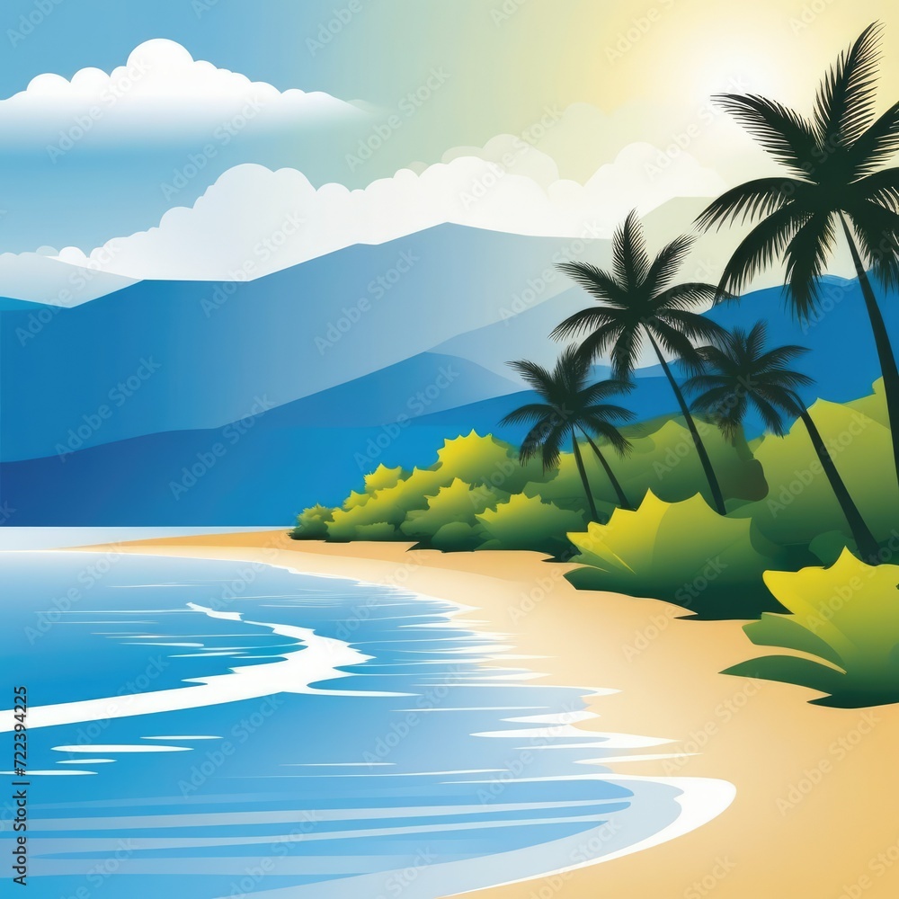 Illustration of tropical beach with palms, sea and blue sky. Generative AI