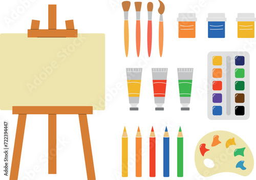 Vector drawing set, easel, paints, brushes, gouache, pencils, flat illustration in cartoon style