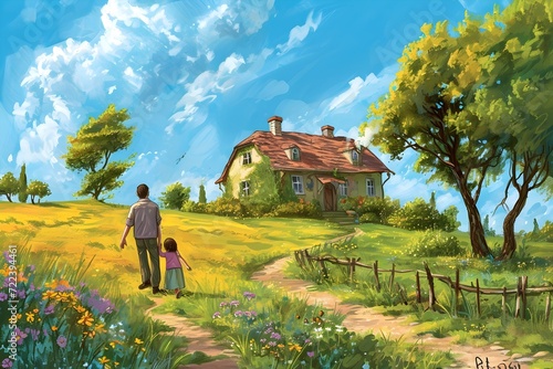 a man walking daughter on a path, in the style of speedpainting, charming, idyllic rural scenes © Logo Artist