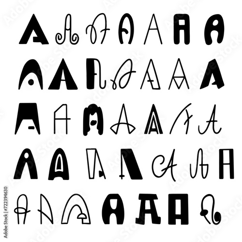 Set of letters A in different styles. Hand drawn lettering. Isolated on white background.